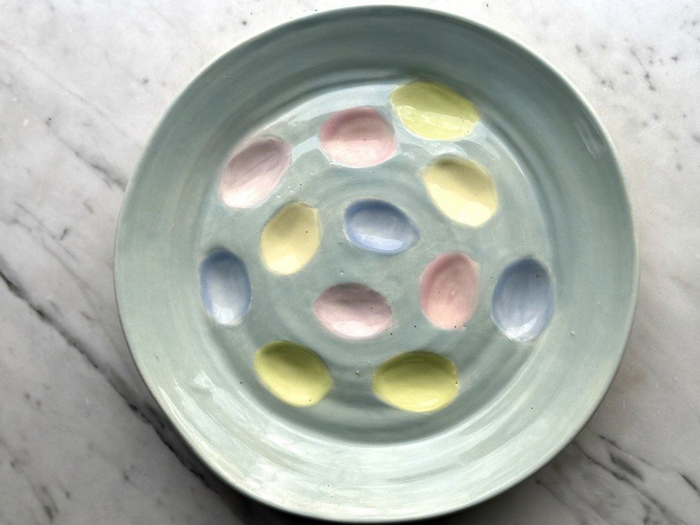 9.5” Deviled Egg Serving Dish, Handmade Pottery, Pastel Colors, Spring, Easter