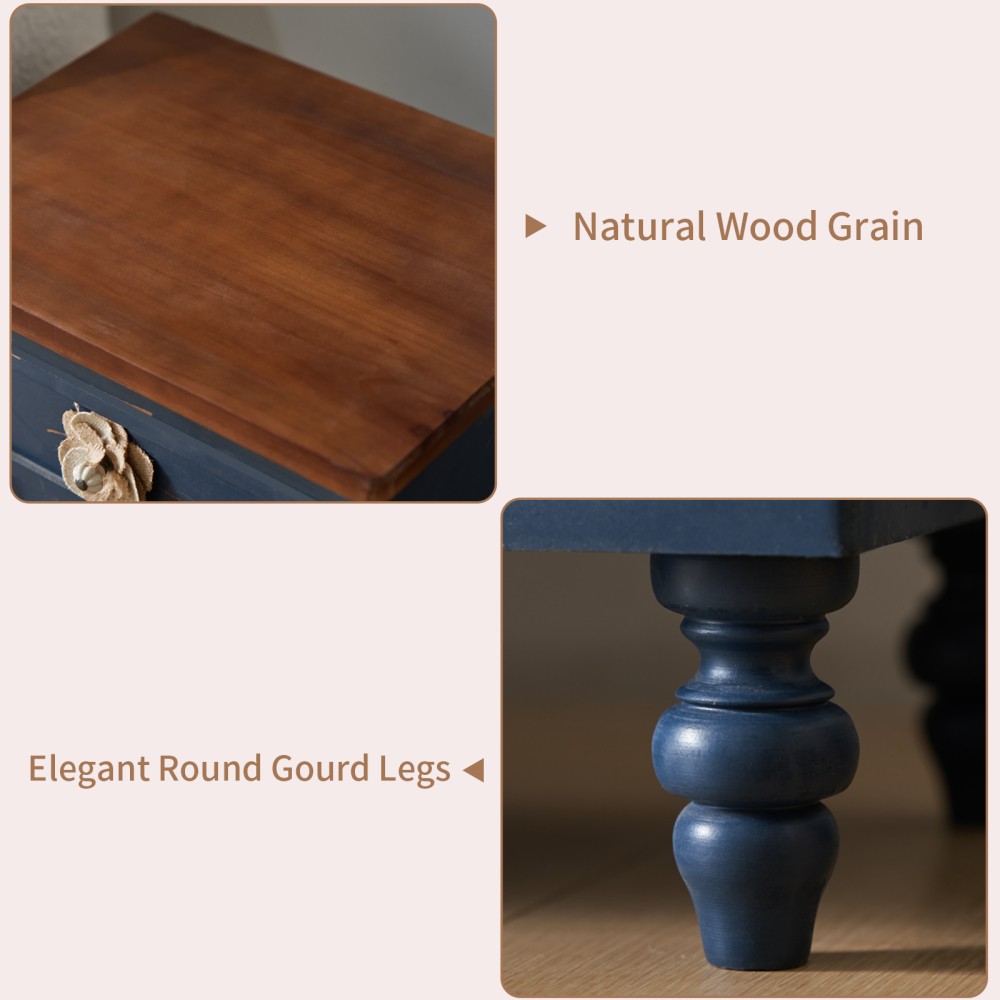 Side Table with Floral Knobs Three-Drawer Design Featuring Gourd-Shaped Legs