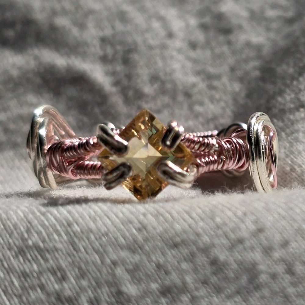 Handcrafted Wire Wrapped Silver Ring with Square Yellow Citrine Prong Setting