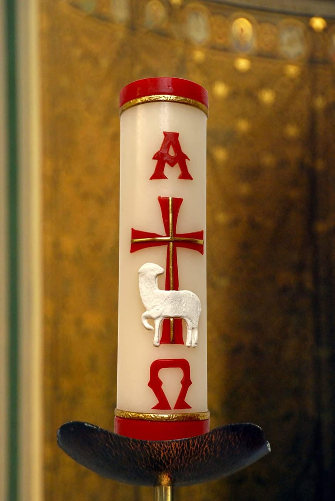 Handmade Paschal Candle Alpha Omega Cross Sheep Decor