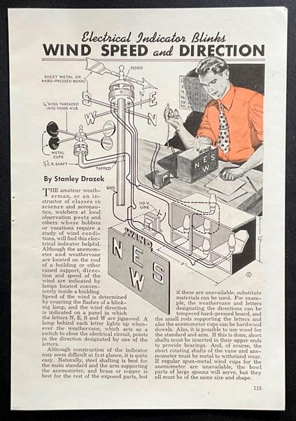 “Electrical Indicator Blinks Wind Speed & Direction” 1944 HowTo PLANS Anemometer