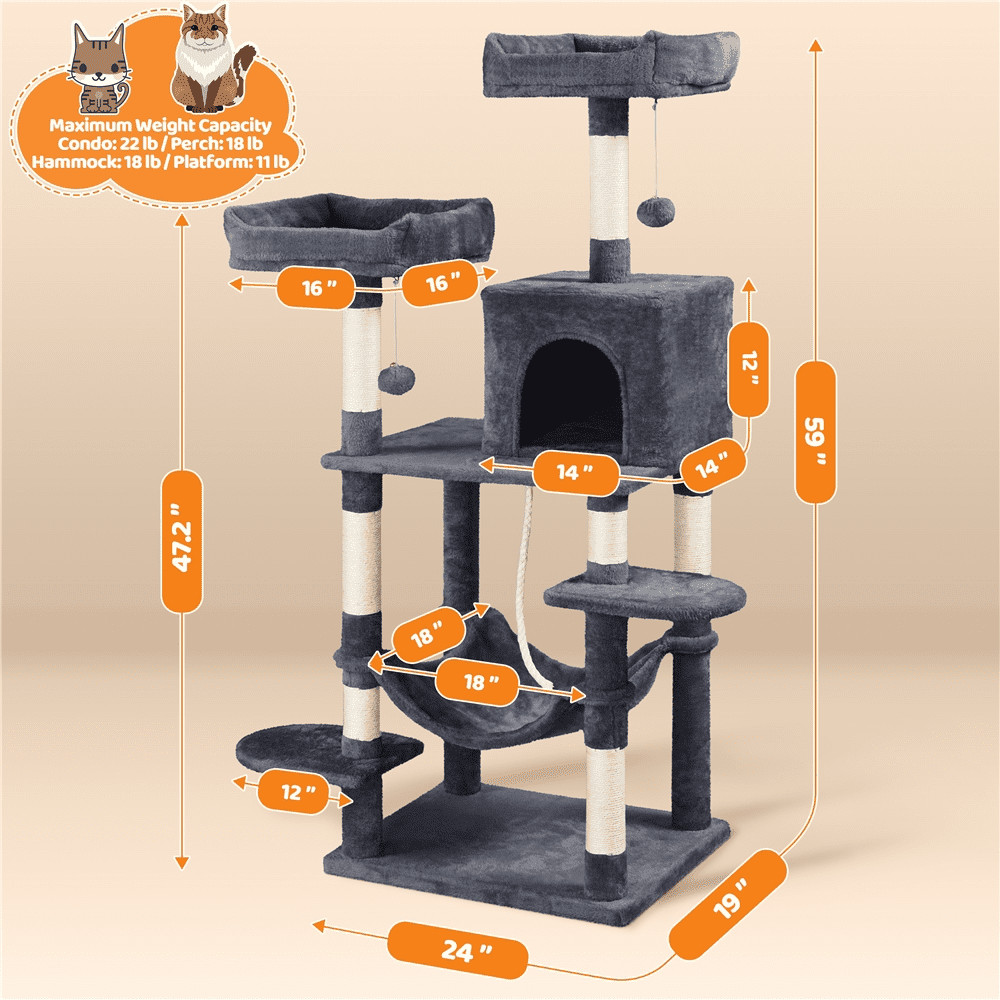 59" Cat Tree with Condo and Scratching Post Tower, Dark Gray
