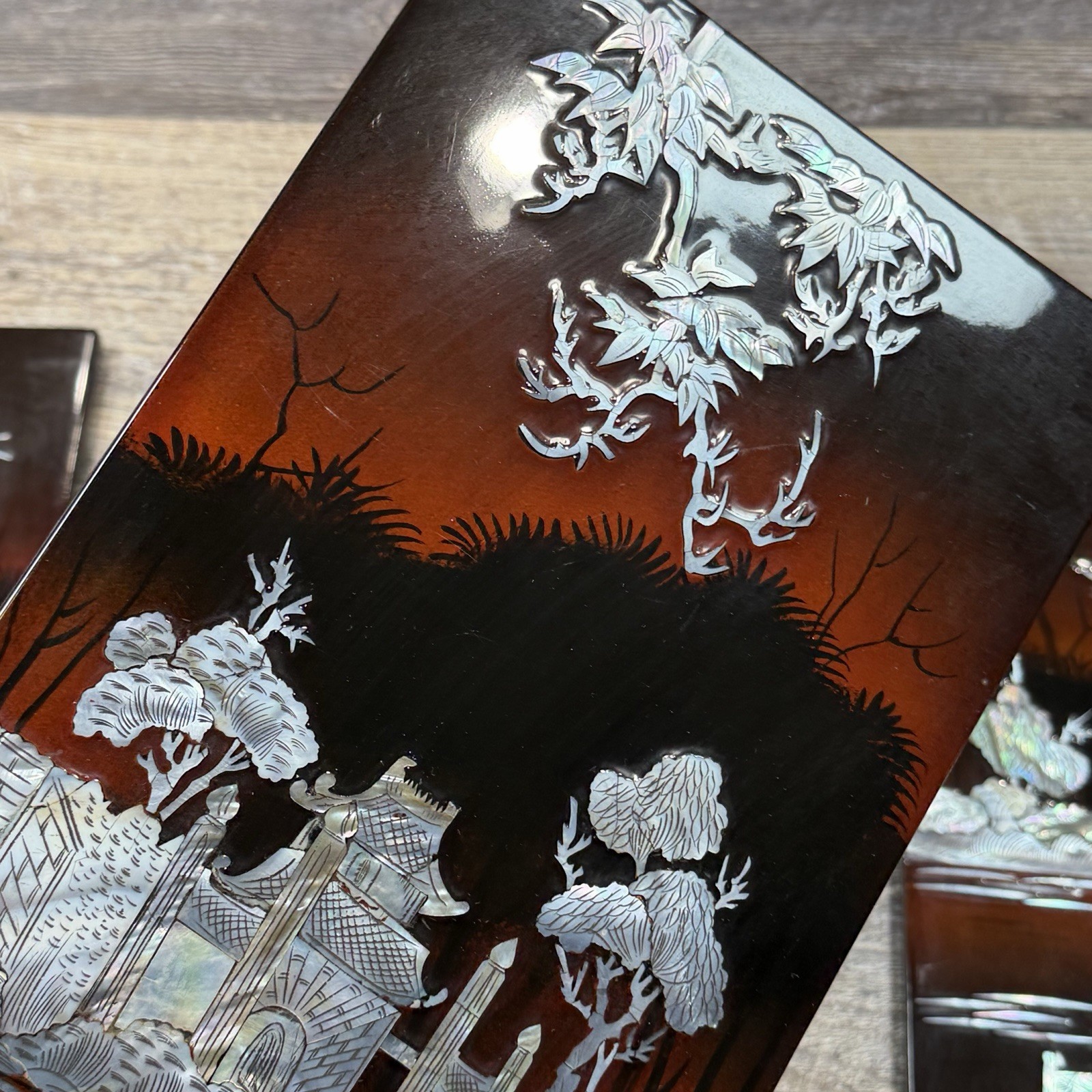 3 Vintage Asian Mother of Pearl Inlay Red Lacquer Wall Panels Village Landscape