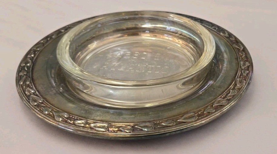 Vtg Rogers Oneida Silverplate Dish w glass ashtray USARSO OWC Officers Wife Club