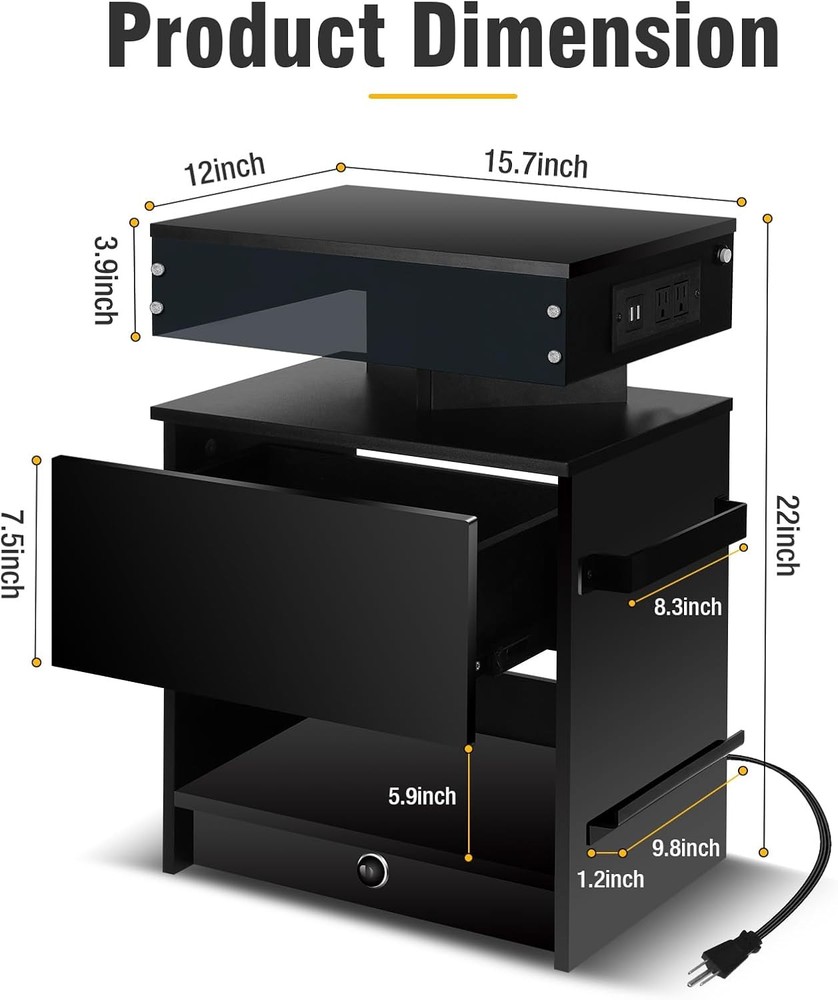 2 Pack Bedside Table with LED Light USB Charging