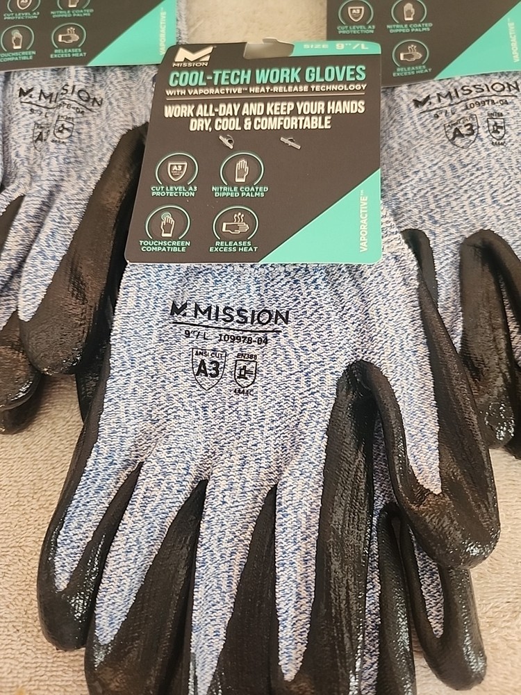 1 Case Mission Cool-Tech Work Gloves W/ Vaporactive Heat-Release Technology 9"/L