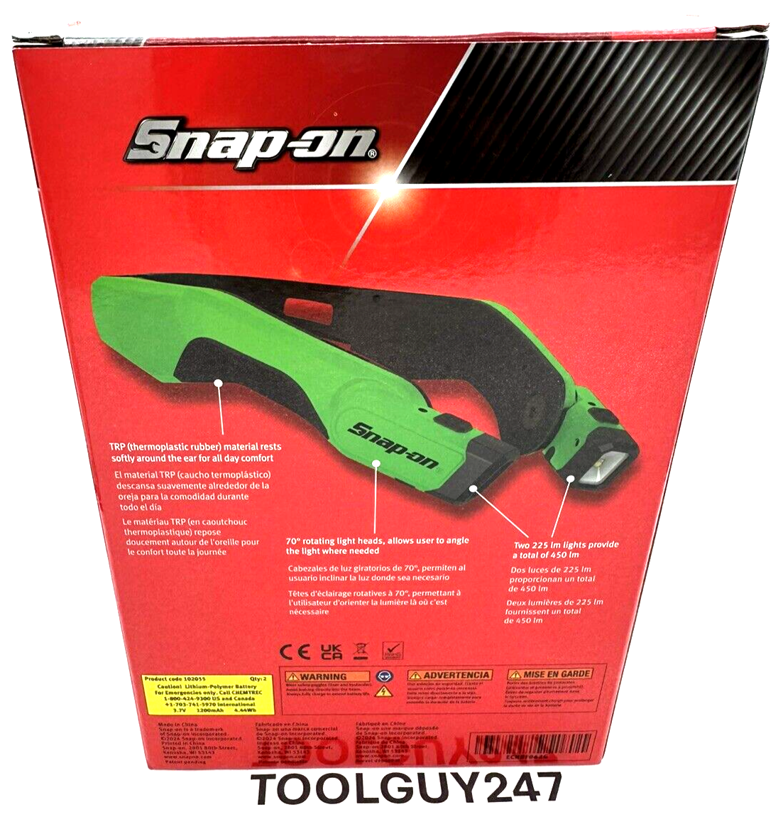 SNAP ON ECHDF042 G HIGH-TECH HEADLAMP LIGHT GREEN 450 LUMENS Rechargeable NEW
