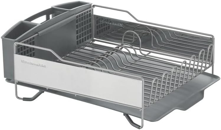 Dish Rack with Angled Drain Board and Removable Flatware Caddy, Light Grey