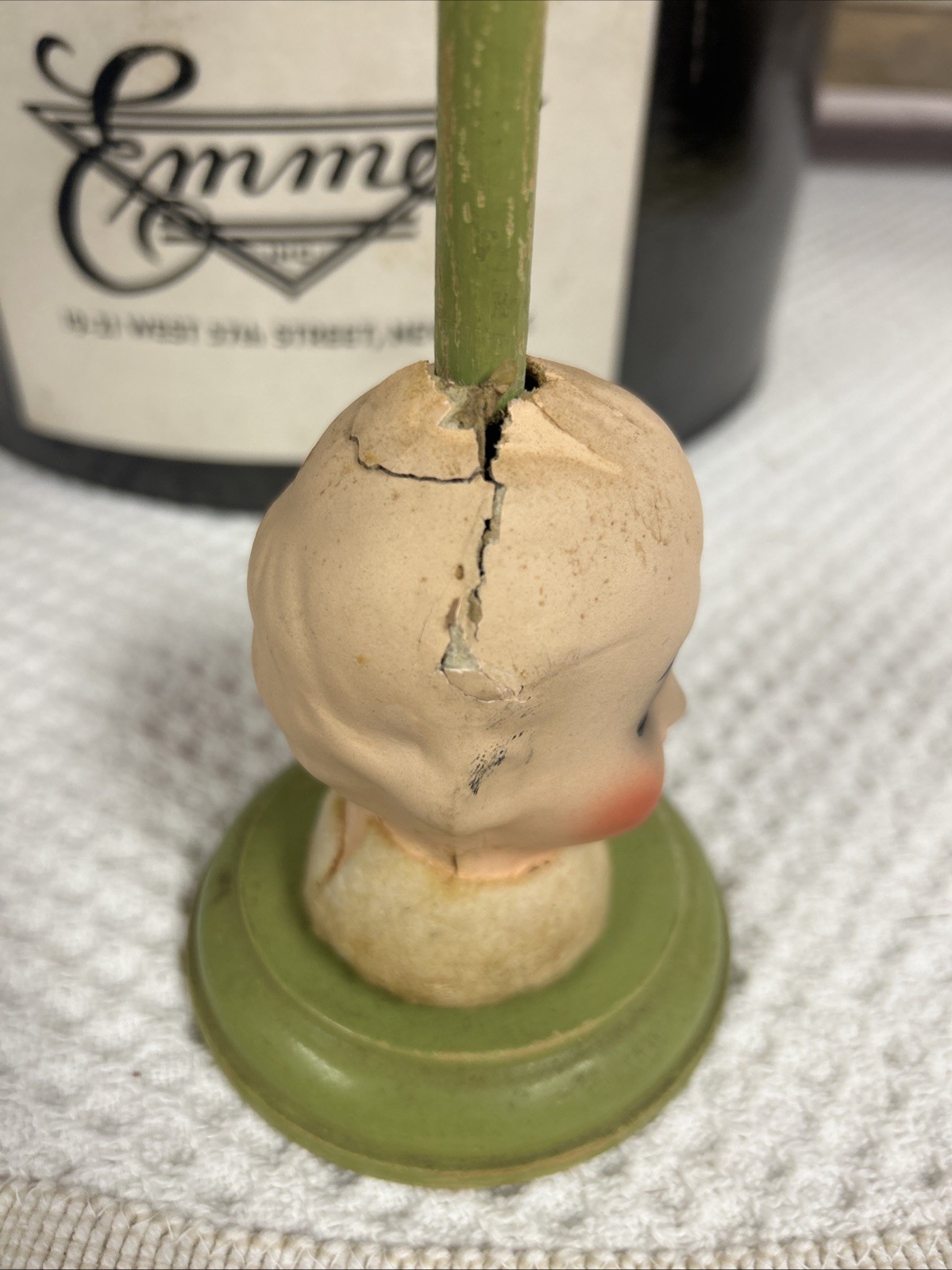 Antique Papier-Mâché Side Eyed Doll Head Girl Wood Hat Stand 9.5" Creepy Germany