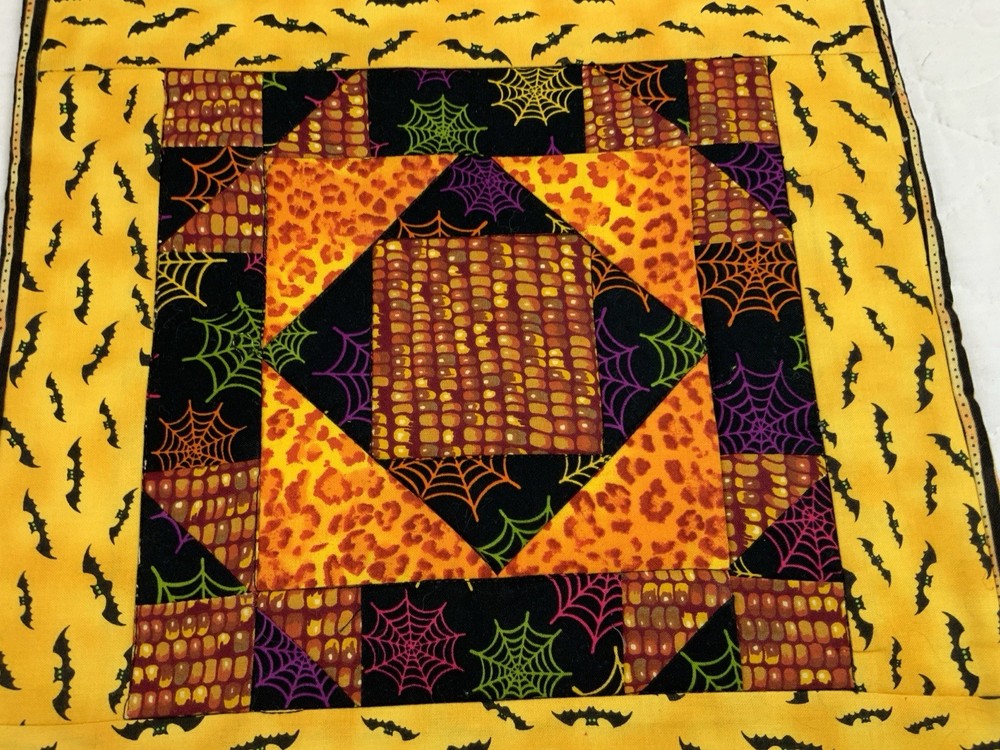 Hand Made Patchwork Quilt Table Topper, Fall, Halloween, Triangles & Squares
