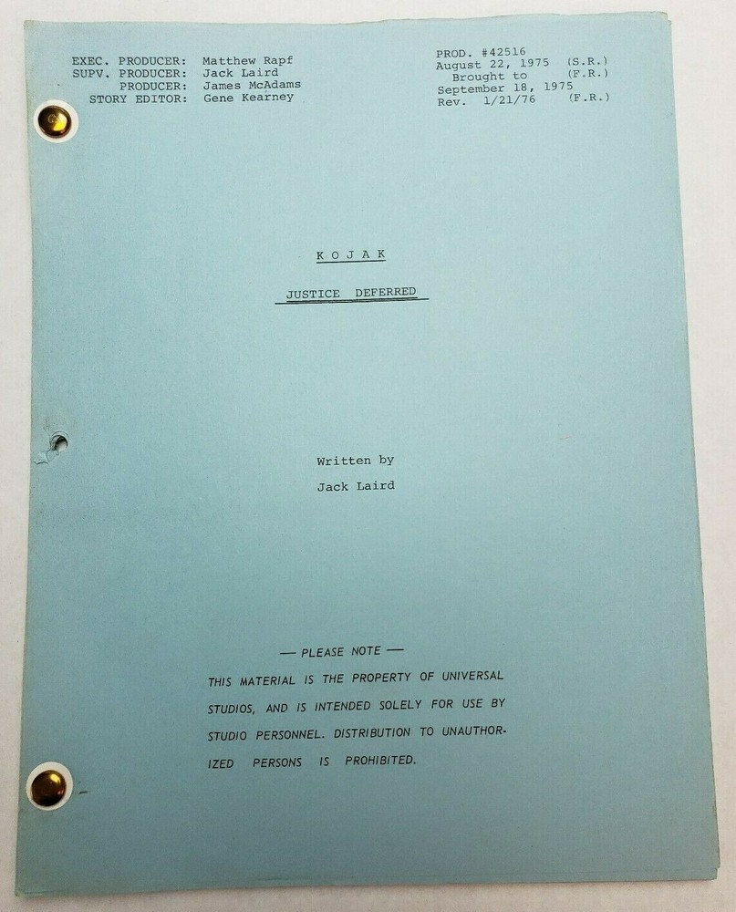 KOJAK / Jack Laird 1976 TV Script, Telly Savalas, skeleton "Justice Deferred"