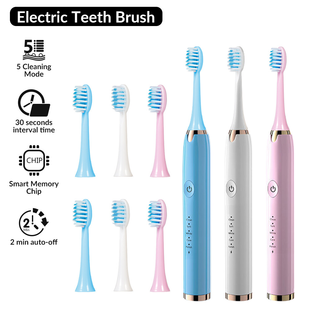 Electric Toothbrush Rechargeable Rotating Brush with 3 Heads Timer 5 Modes