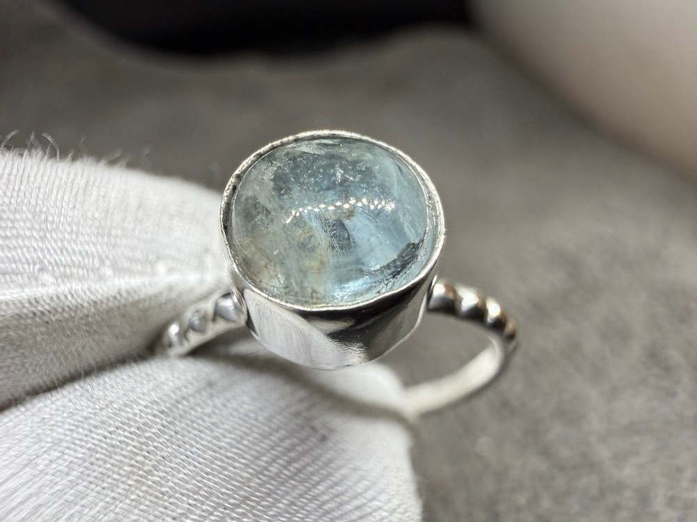Solid 925 Sterling Silver Natural Aquamarine Blue Round Gemstone Handmade Ring