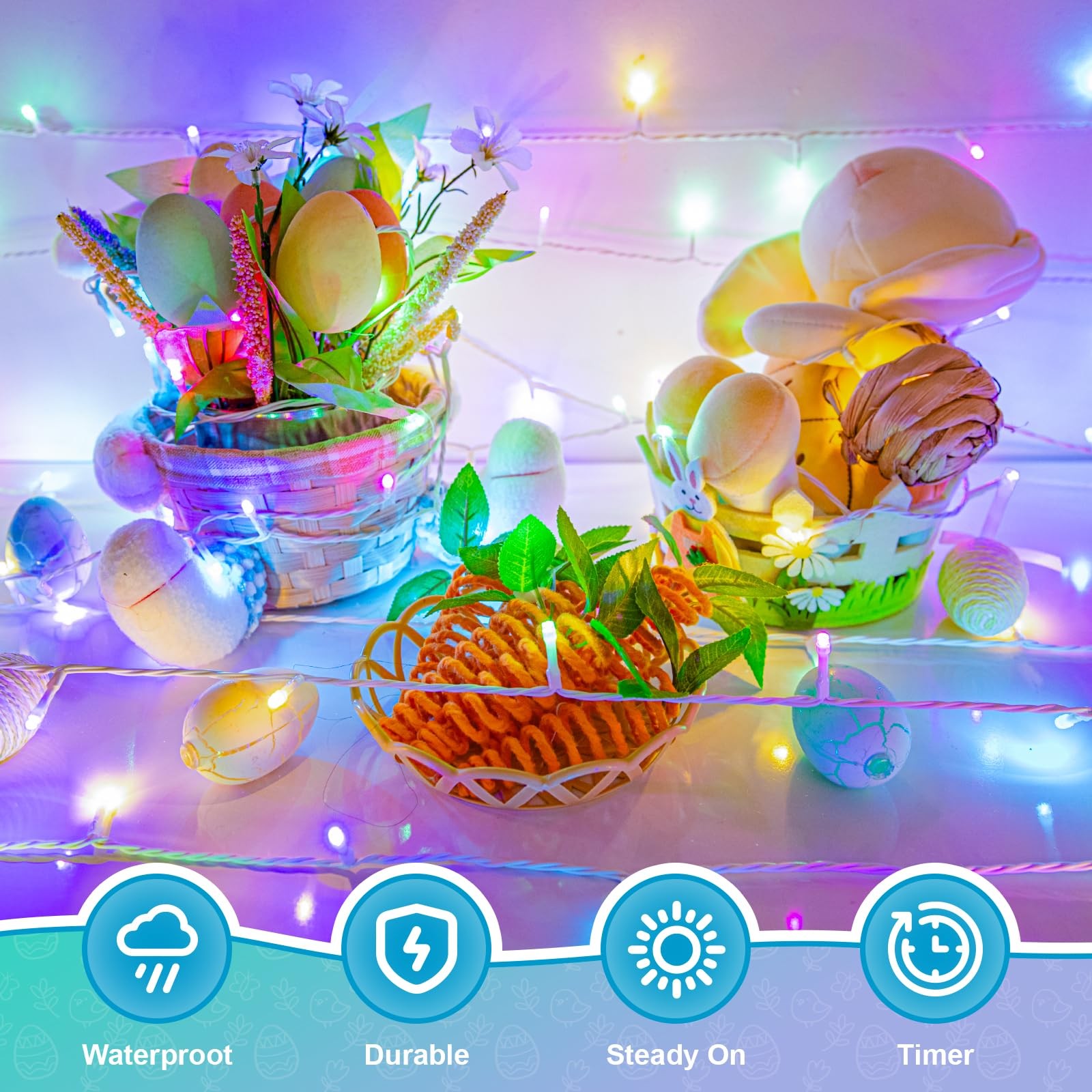 16.4ft 50LED Pastel Easter String Lights Battery Timer White Wire Fairy Garland
