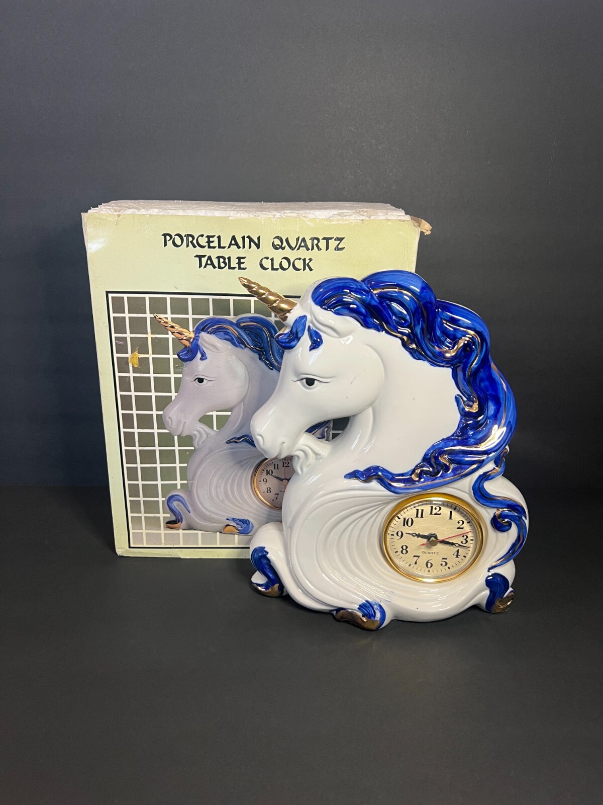 Vintage RARE Hand Painted Porcelain Blue & White Gold Unicorn Quartz Table Clock