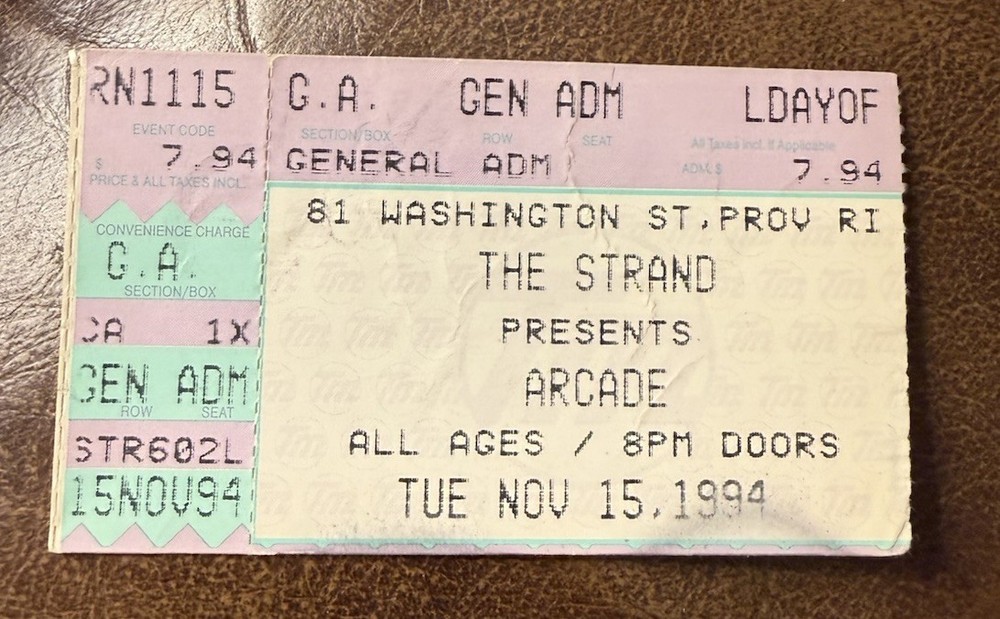 ARCADE RARE CONCERT TICKET STUB PROVIDENCE, RI 11/15/1994
