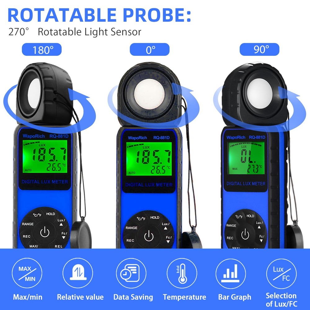 RQ881D Digital Light Meter Illuminance Tester Rotatable Sensor 1400000 Lux