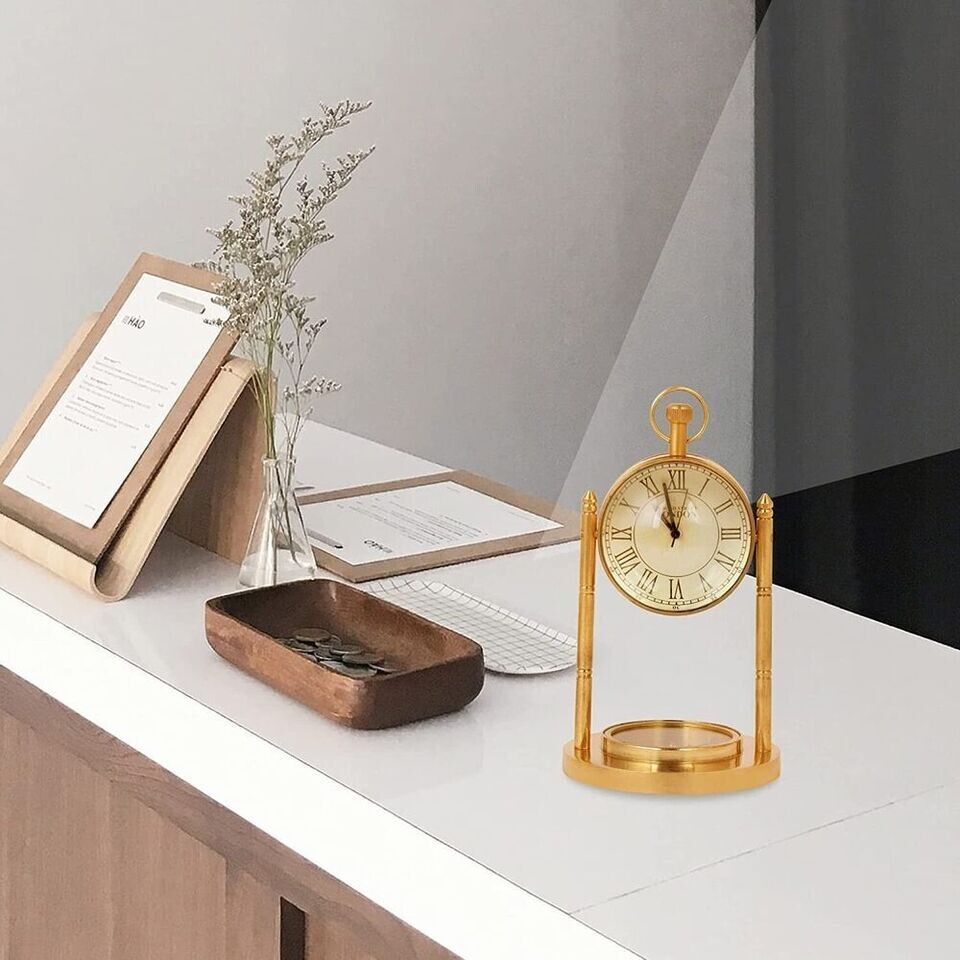 Antique Small Table Top Brass Desk Clock Quartz Desktop Decorative Gift