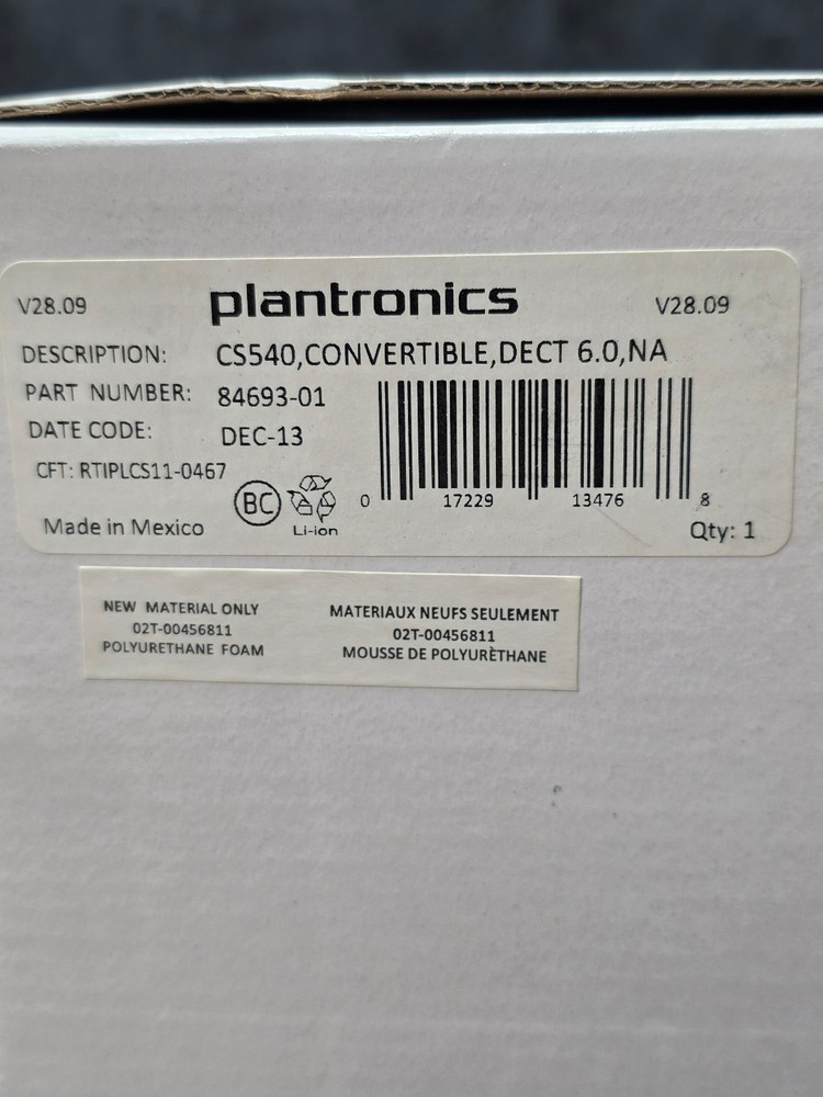 PLANTRONICS CS540 Wireless DECT Headset Black With APV-63 EHS Adapter Open Box