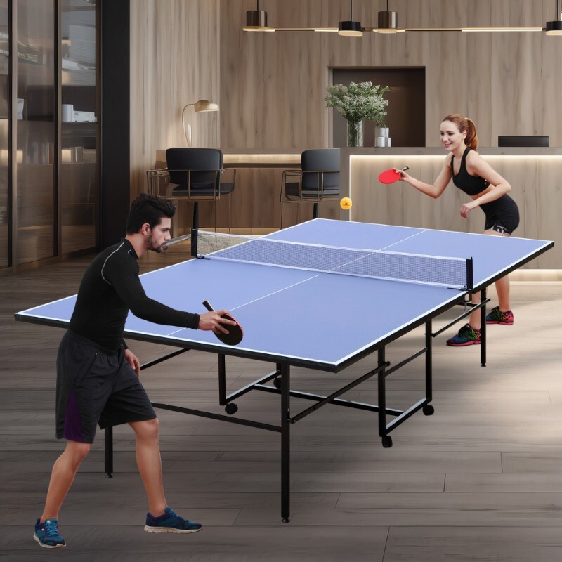 9ft Mid-Size Table Tennis Table Foldable Ping Pong Table Set with Net 2 Paddles