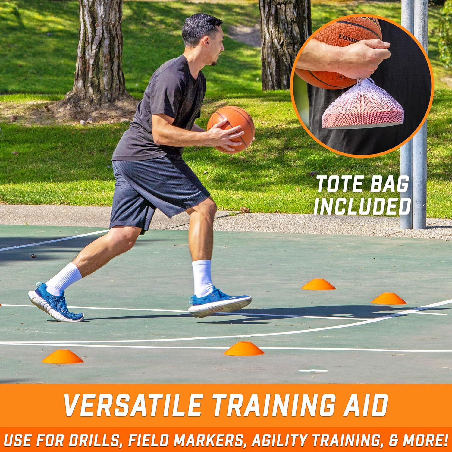 Premium Sports Cones for Agility Training and Drills - 20 Pack with Tote - Orang