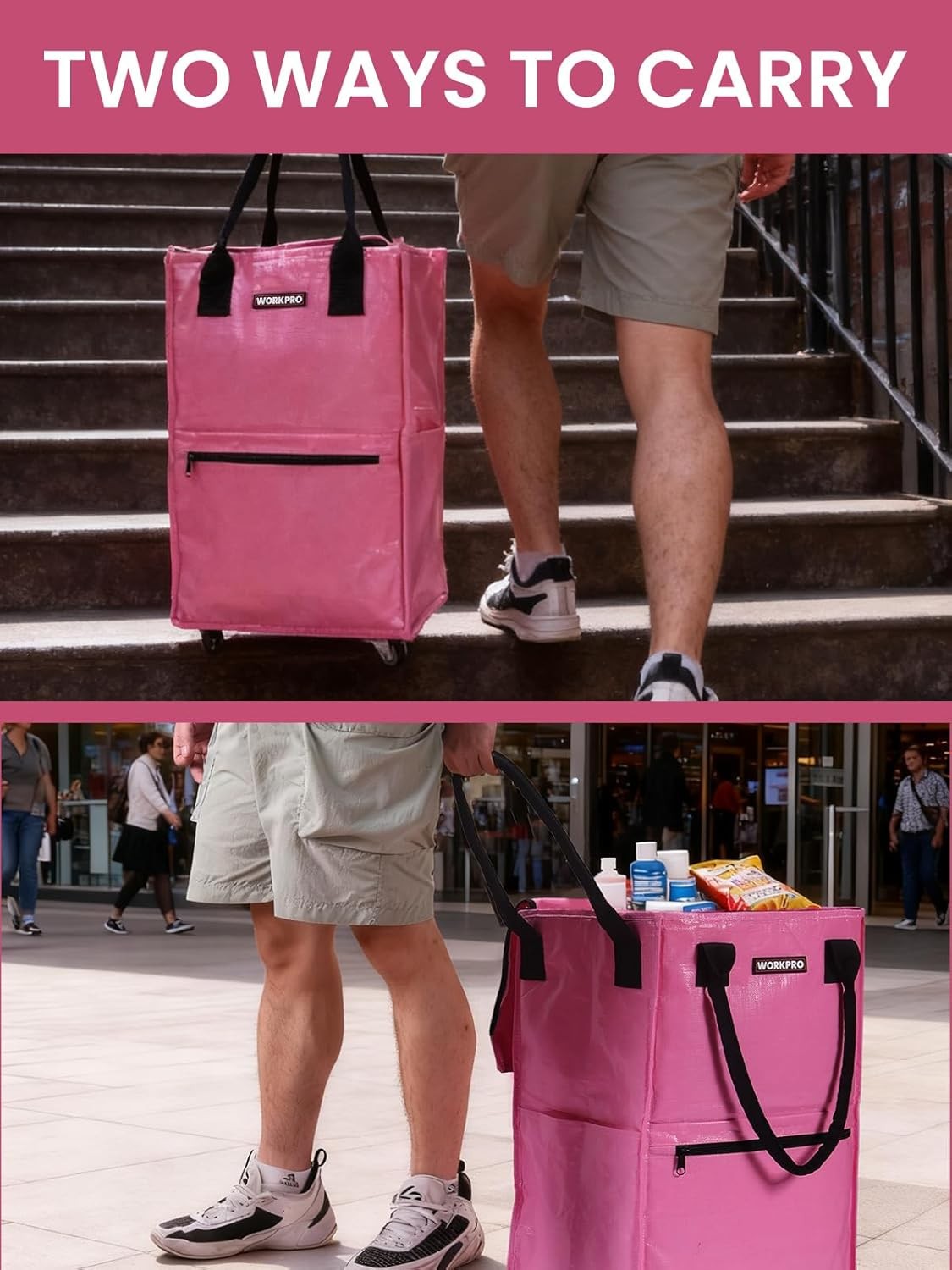 WORKPRO Medium Heavy Duty Reusable Grocery Bag 4 Caster Wheels Rolling Shop Tote