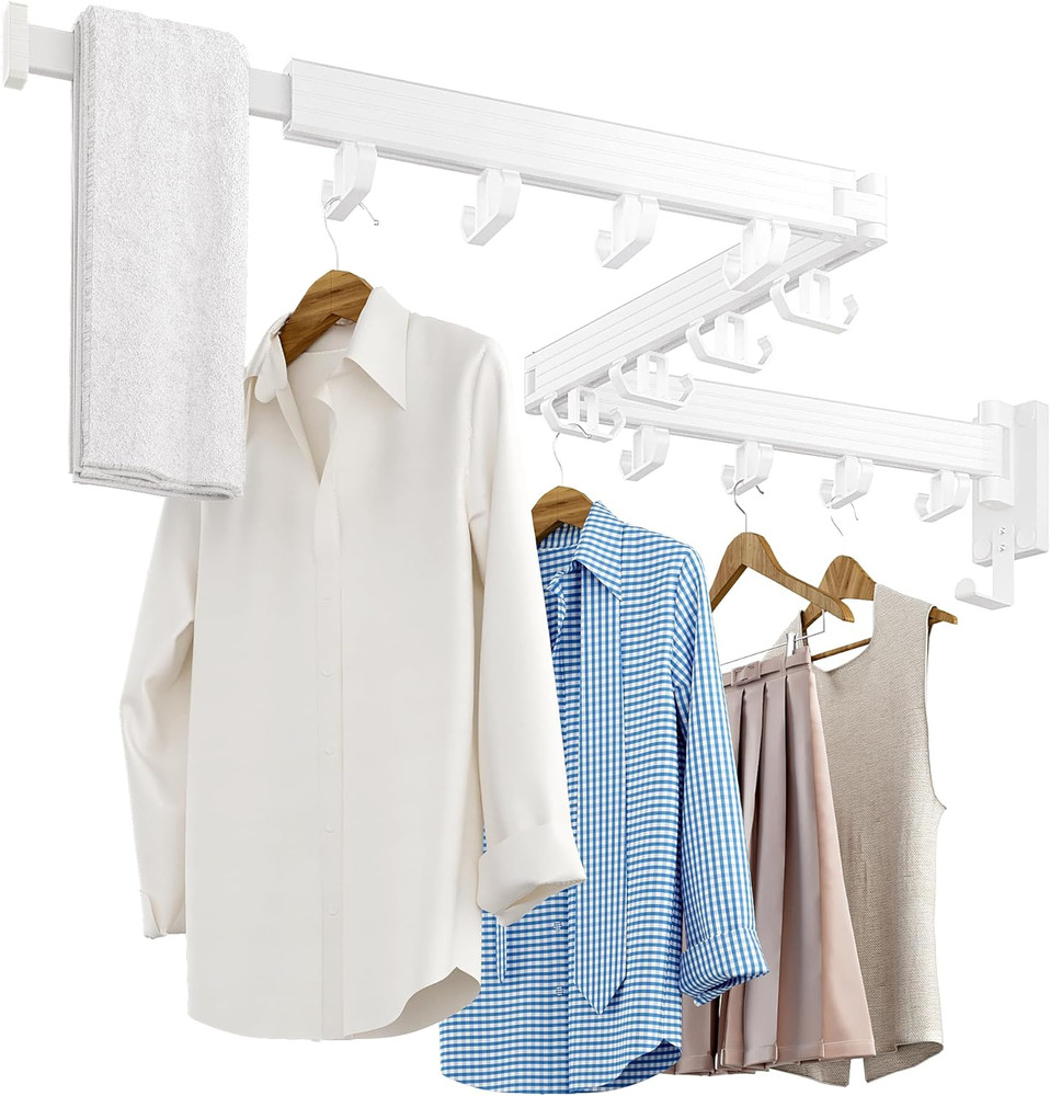 Wall-Mounted Retractable Clothes Drying Rack with 12 Hooks - Space Saver