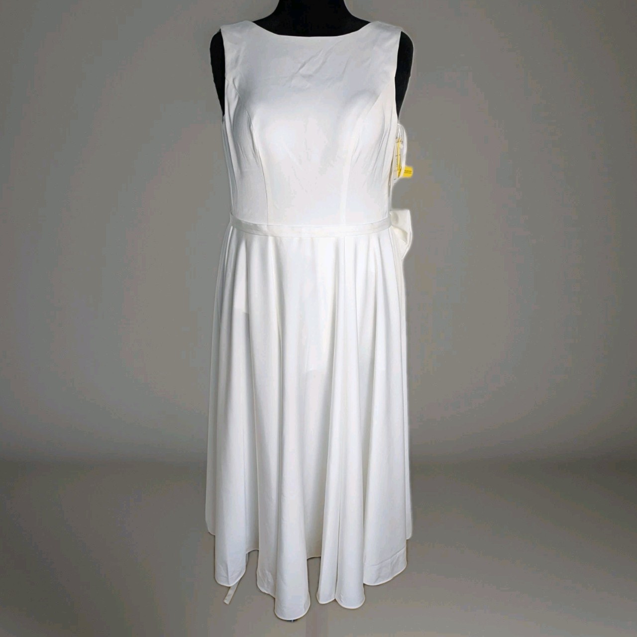 Off White Boatneck Midi Wedding Dress Romantic Lace-Up Back and bow Sz 6 NEW