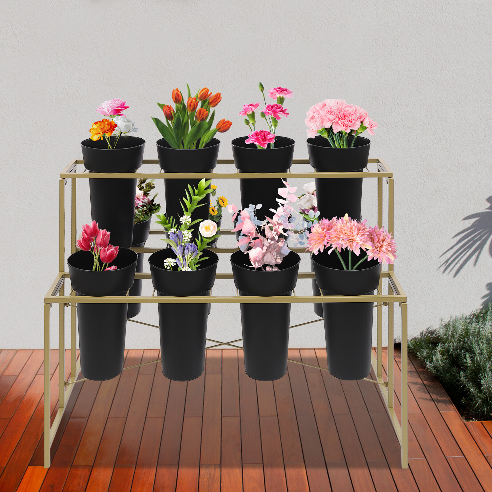 Flower Display Stand with 12 Pcs Buckets, 3 Tier Metal Stand, Indoor & Outdoor