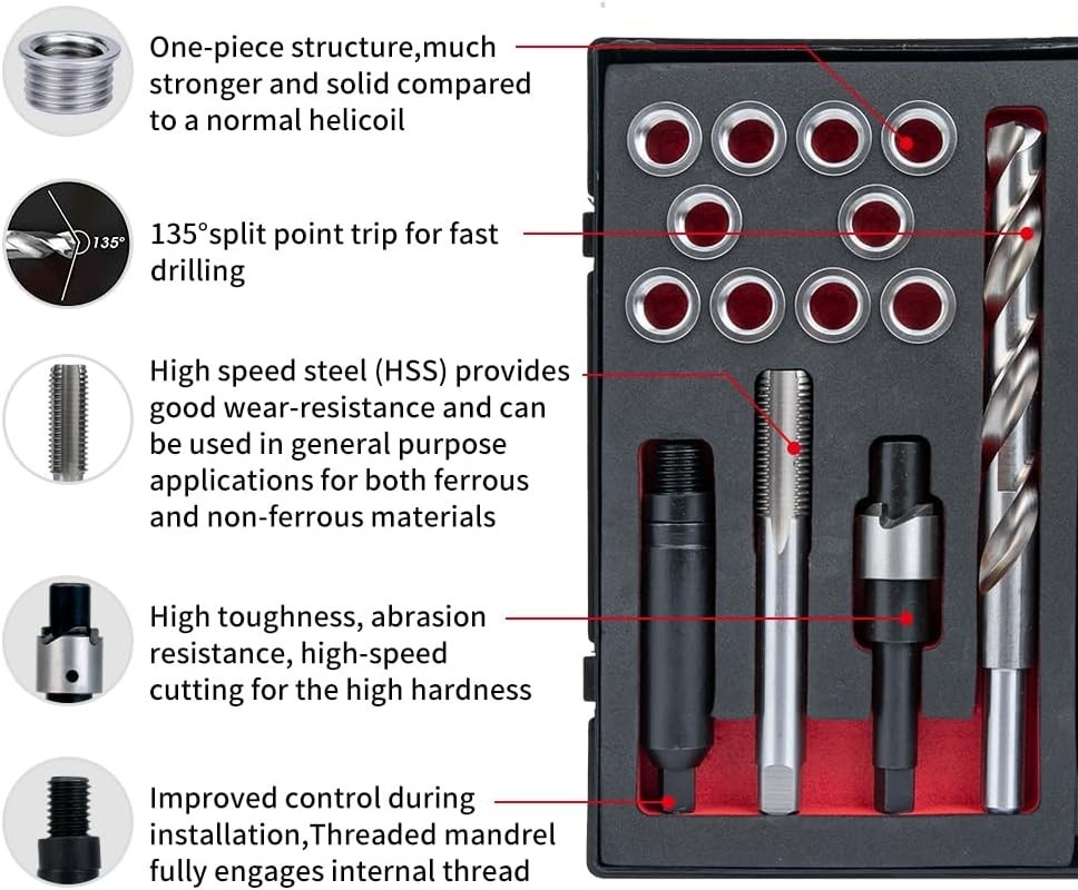 M12X1.5X9.2MM Thread Repair Kit with Insert HSS Drill, Tap, Counterbore, Install