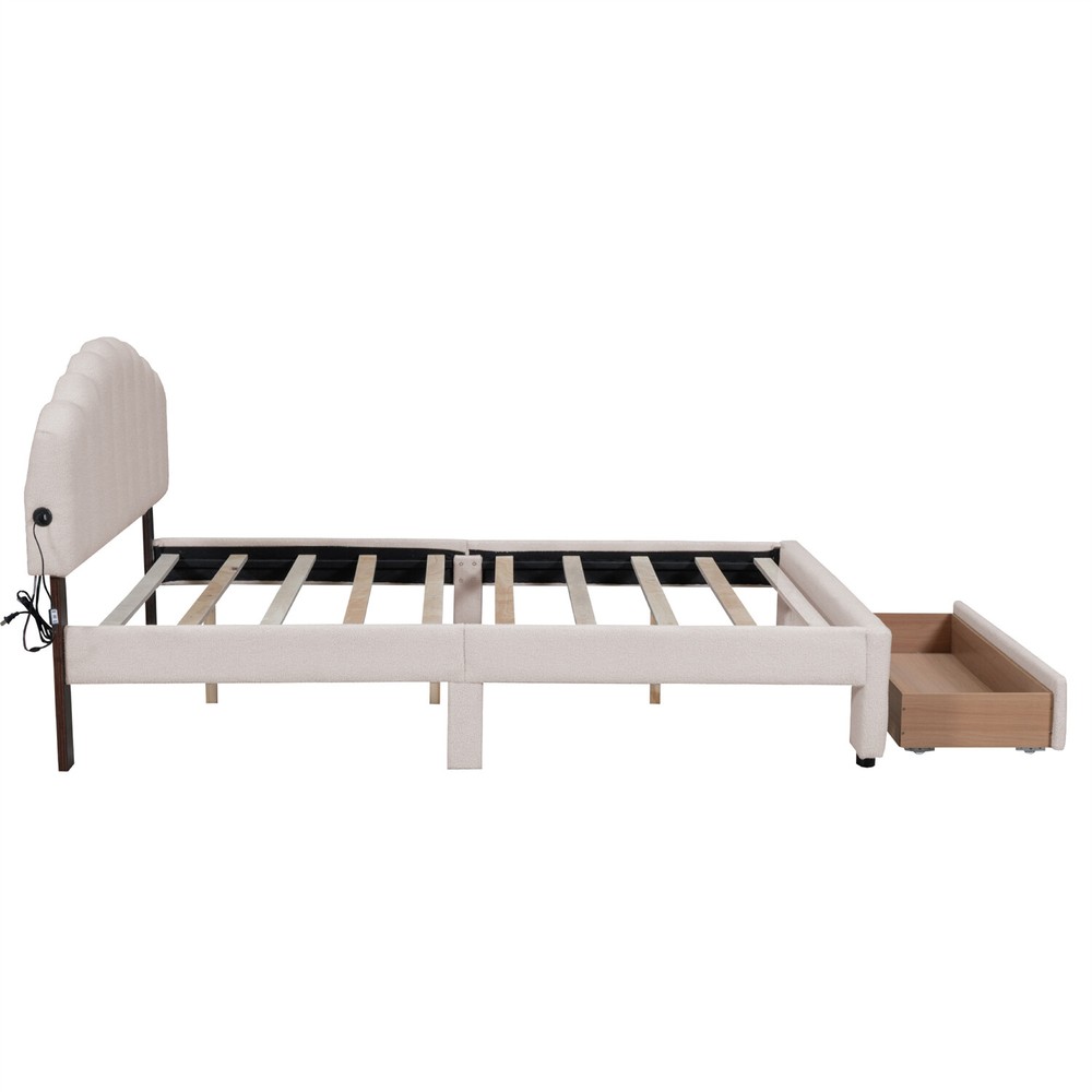 Queen Size Bed Frame Upholstered Platform Bed Frame w/ Headboard & Drawer Beige