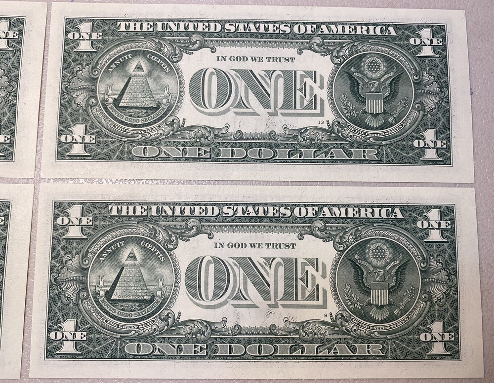 (4) $1 Sequential Bills ERRORS Identical OverInked 7 & Reverse Extra Ink Miscut