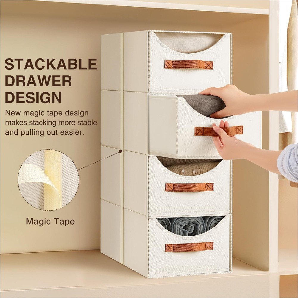 Stackable Storage Drawers - Collapsible Storage Bins with Drawers, 4 Pack Clo...