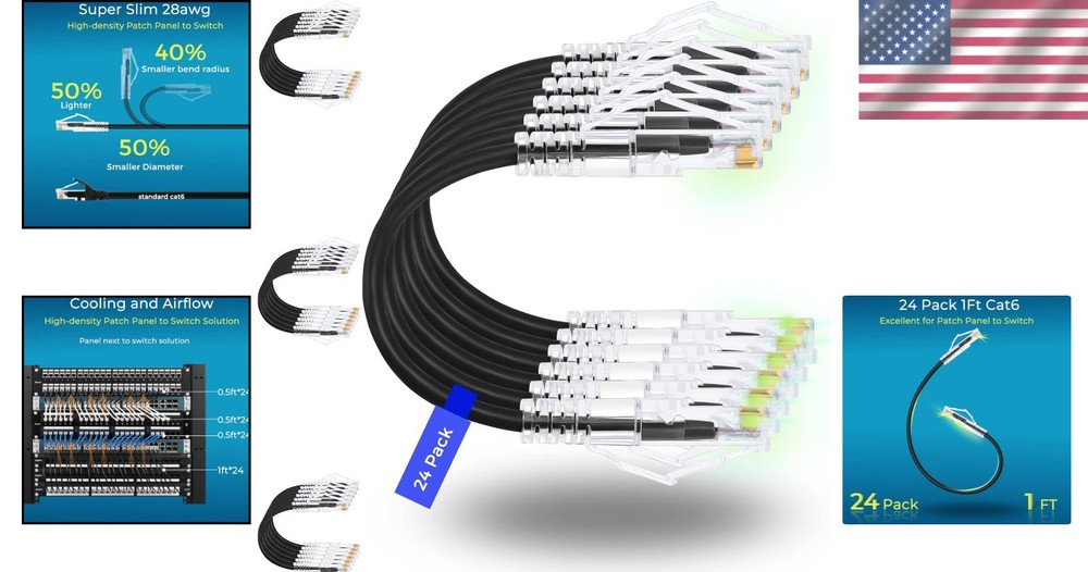 Snagless Cat6a Patch Cables 1ft 24-Pack