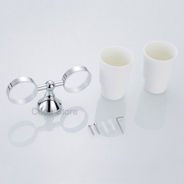 Wall Mounted Toothbrush Holder Set with Two Ceramic Cups Simple Design Chrome