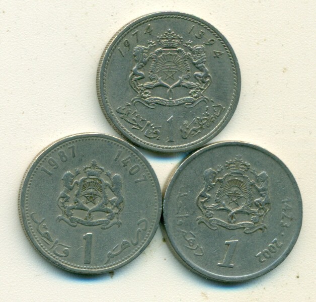 3 DIFFERENT 1 DIRHAM COINS from MOROCCO (1974, 1987 & 2002)