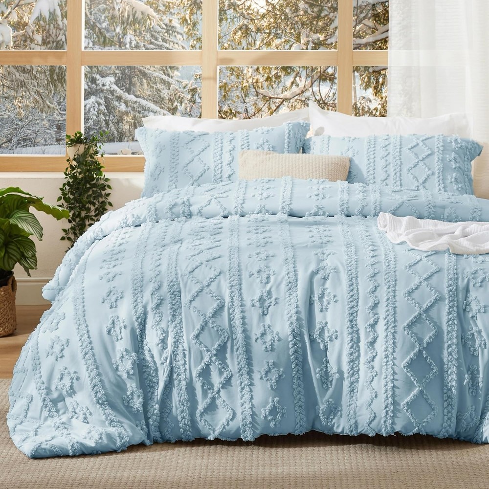 Tufted Boho Comforter Set King Size Beige Boho Bed Set GentleSoft™ 3 Pieces