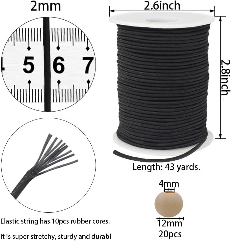 Black Thin Elastic Cord String 2mm for Bracelet x129ft-black,