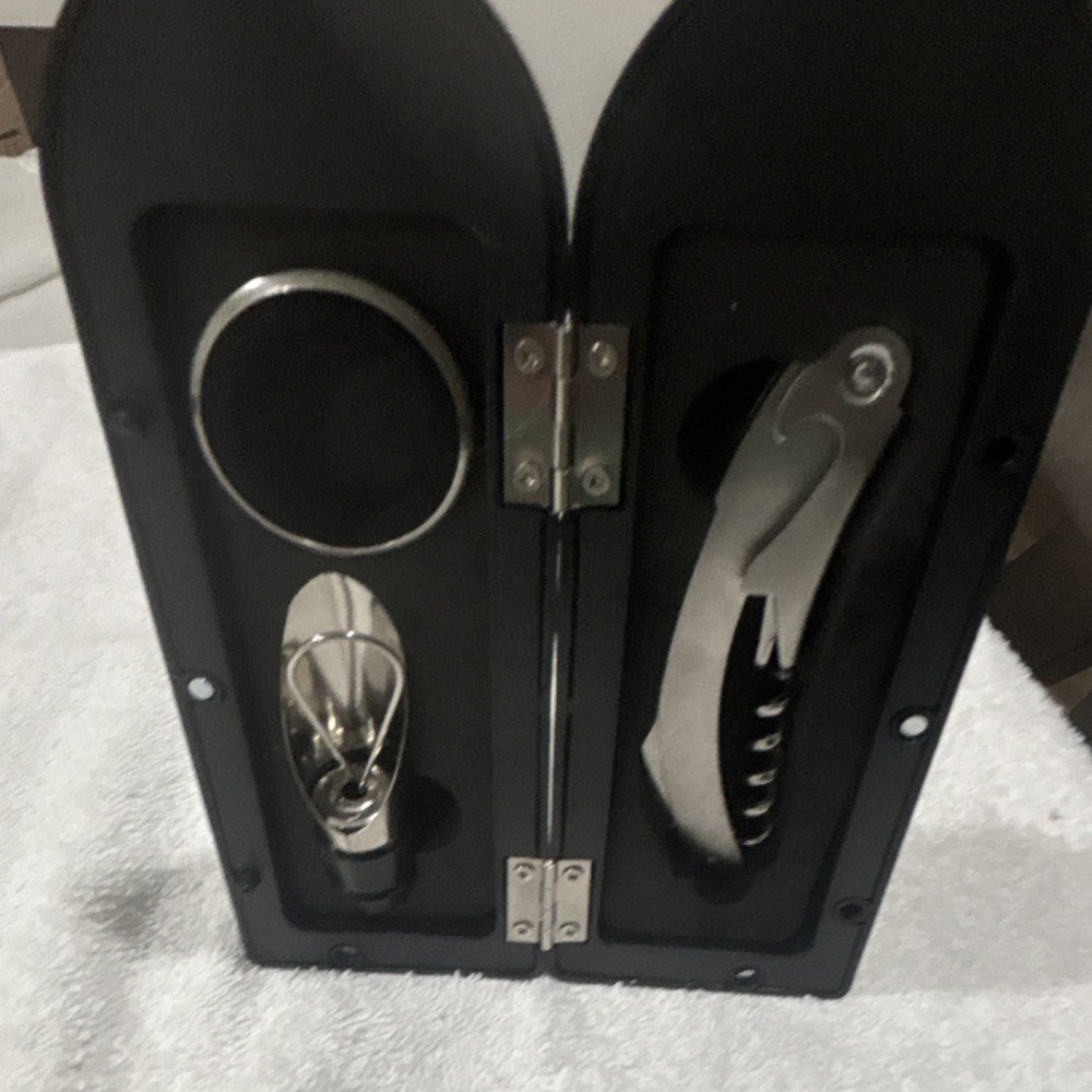 Black Bottle Shaped Bartender Kit..Rooster Pattern with Corkscrew & Wine Pourer
