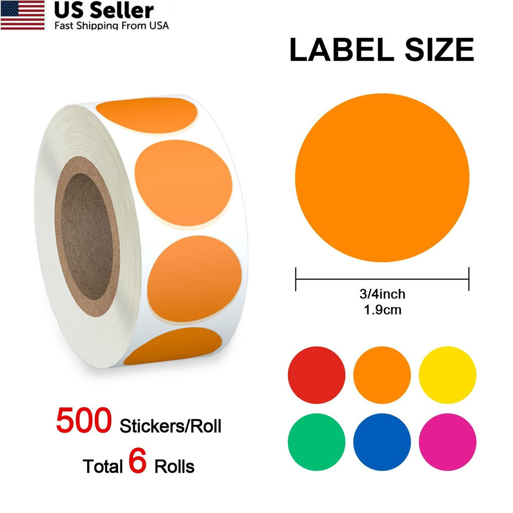 6 Different Colored Dot Diameter 3/4inch, 3000 Pcs Round Stickers