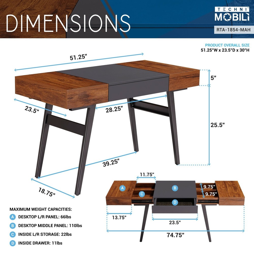 Techni Mobili Writing Desk Workstation w/ Multi-Storages & Pull-Out Front Drawer