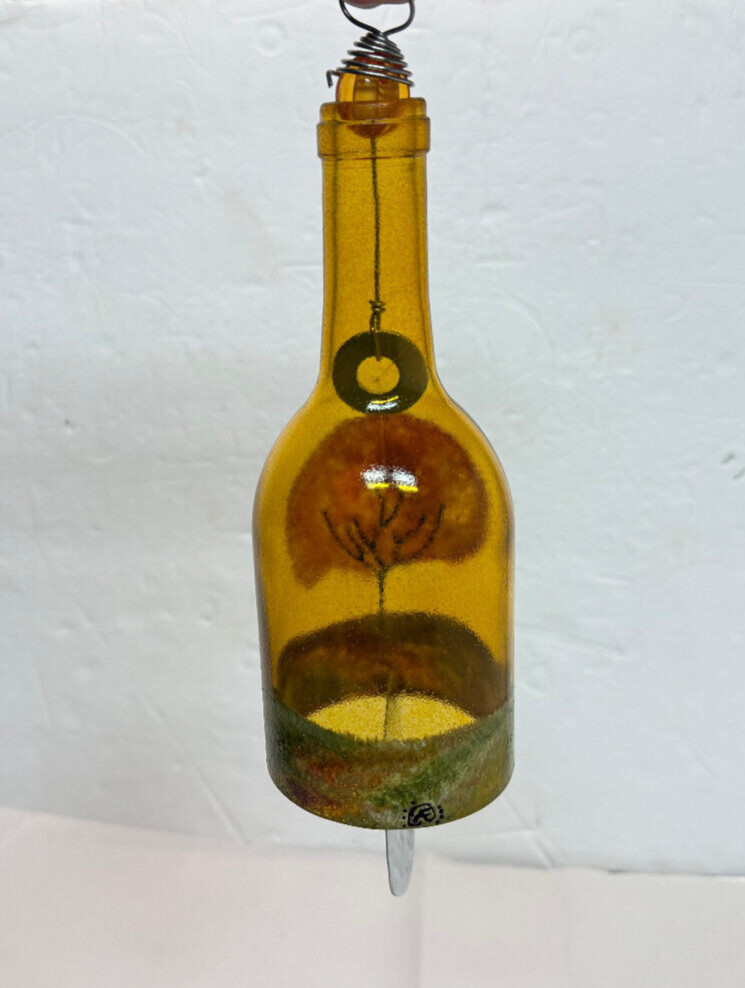 Amber Hand Painted Fall Decor Cut Wine Bottle Wind Chime