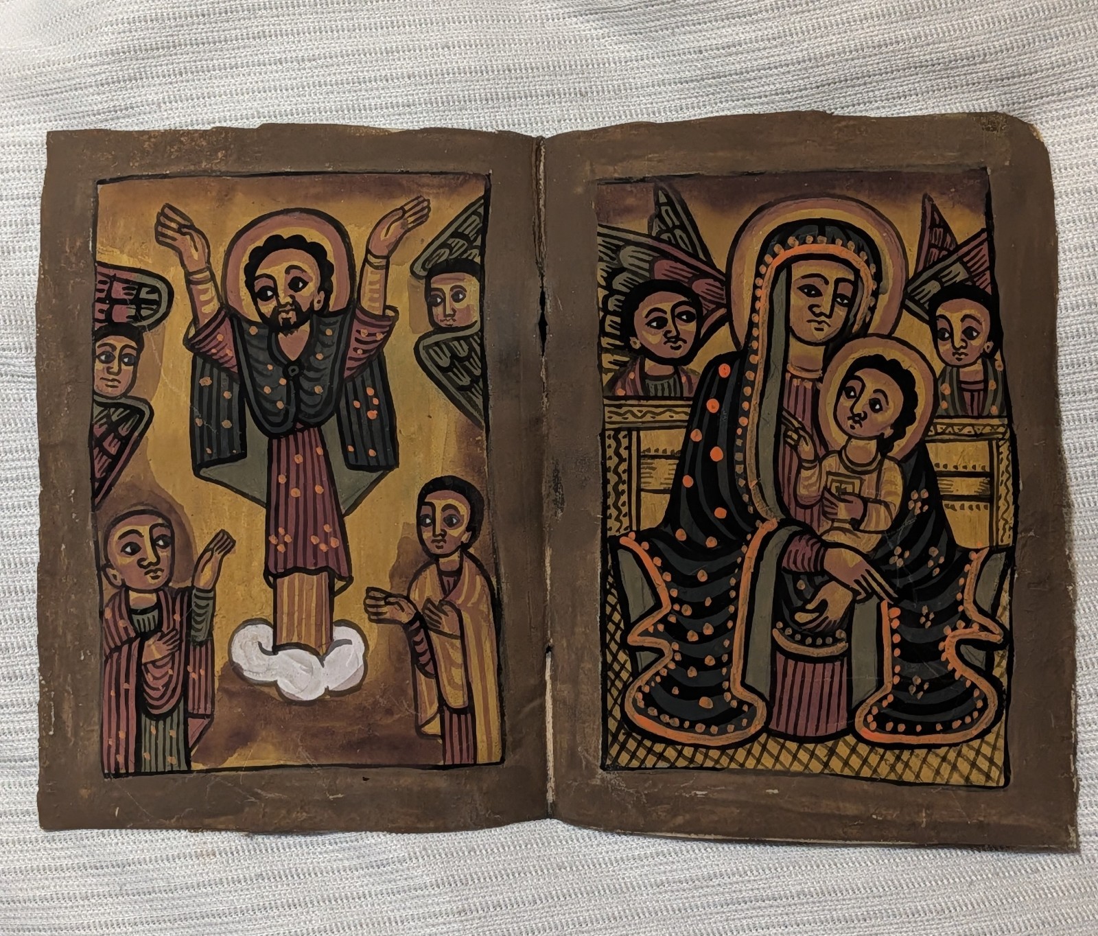 Two Antique Ethiopian Bible Painted Leaves Manuscript Virgin Mary Infant Jesus