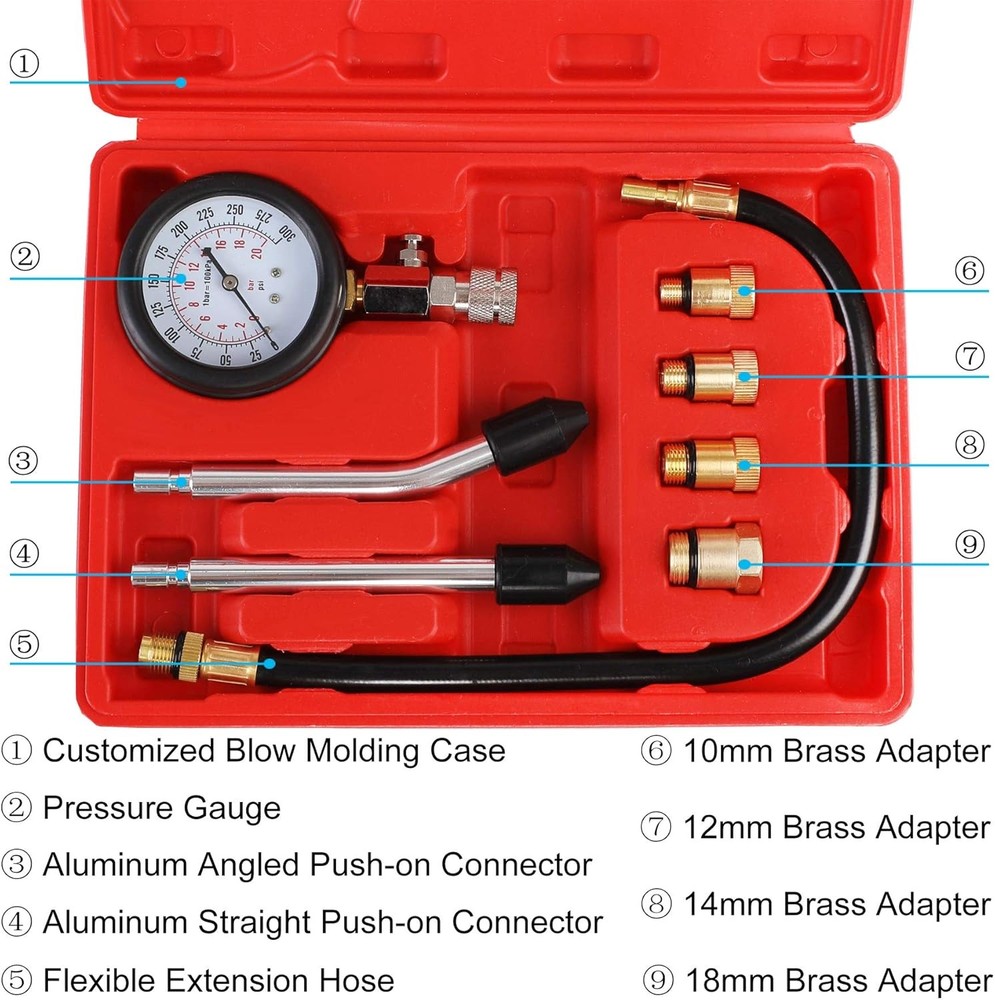 Compression Tester Kit, Small Engine Cylinder Test Pressure Gauge Red Case