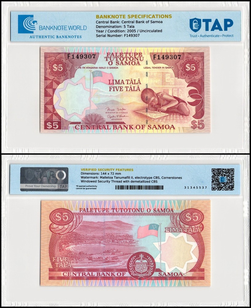 Samoa 5 Tala, 2005 ND, P-33b, UNC, TAP Authenticated