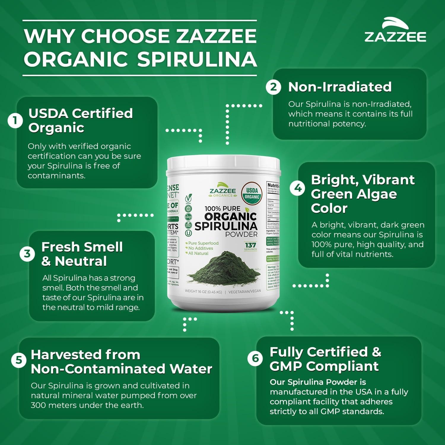 Zazzee USDA Organic Spirulina Powder, 16 Ounces (1 LB), 137 Servings, Kosher