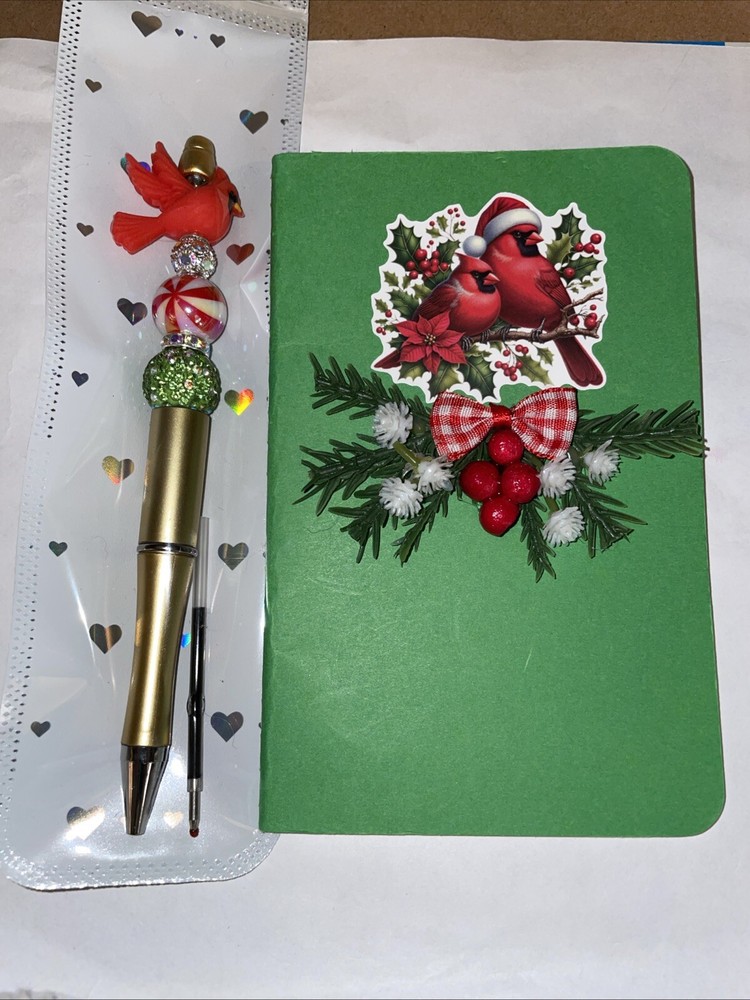 HANDCRAFTED RED BIRD BEADED PEN & NOTE PAD SET