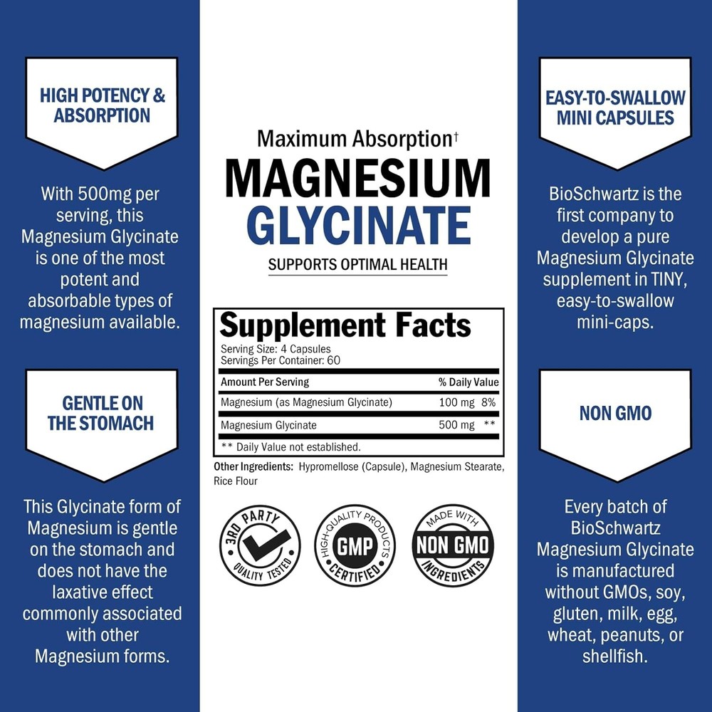 Magnesium Glycinate 500mg Capsules (240 Mini Caps) Maximum Absorption Magnesium