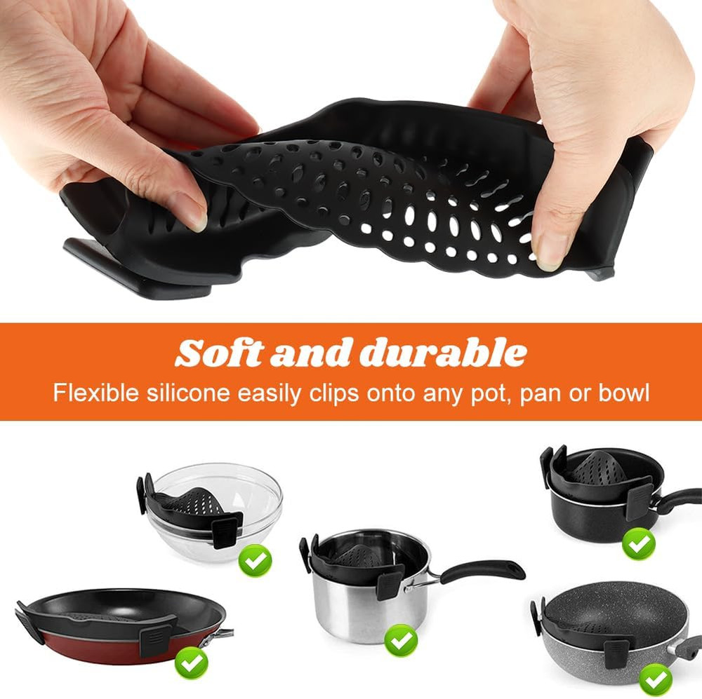 Clip on Strainer with Scraper,Silicone Strainer for Pots and Pans Adjustable ...