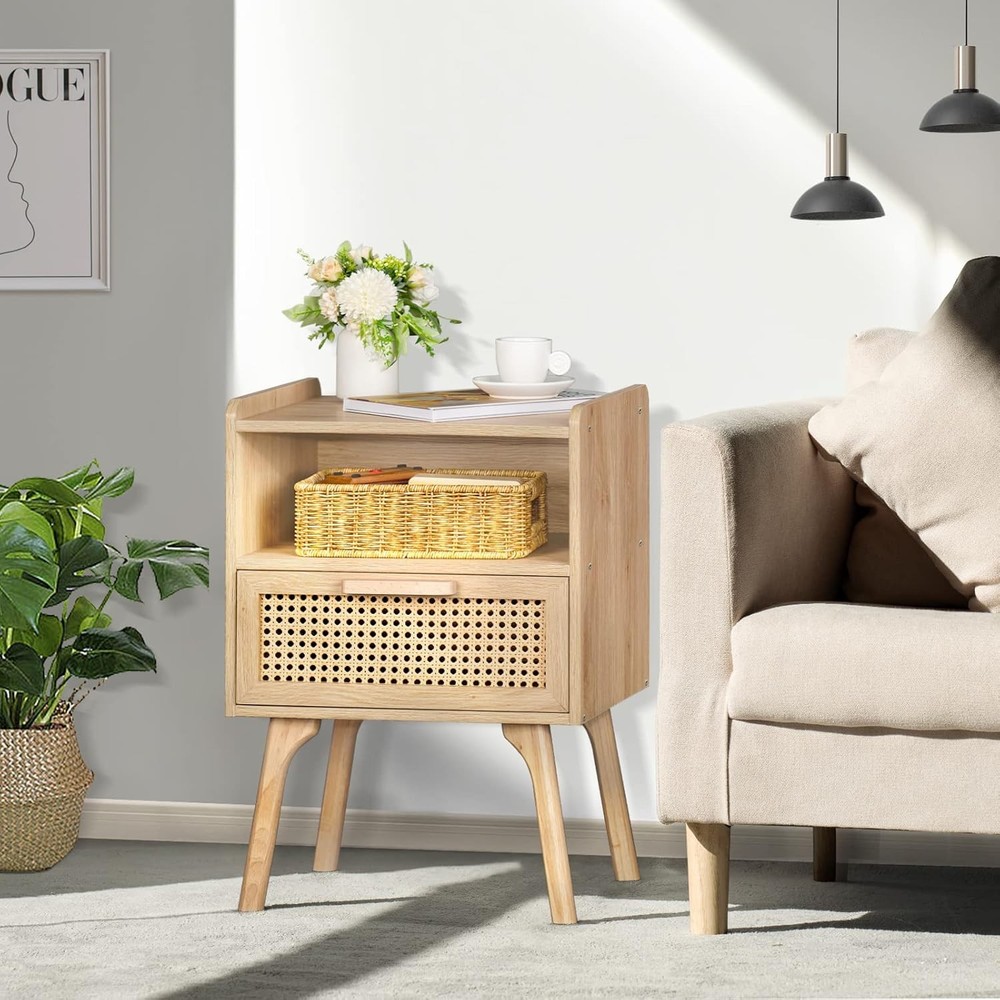Rattan Boho Side Table W/ Drawer Open Shelf Cane Accent Bedside End Nightstand